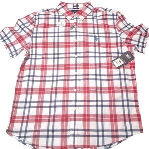 NWT U.S POLO ASSN Mens Red White Blue Plaid Button Up Short Sleeve Shirt Sz XL